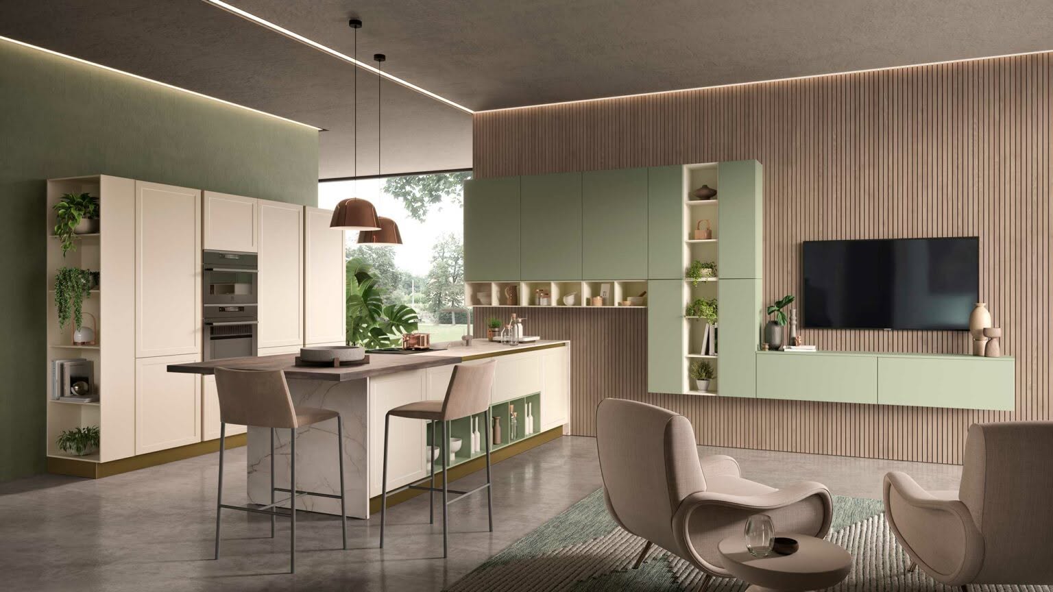 Cucina panna e verde salvia open space